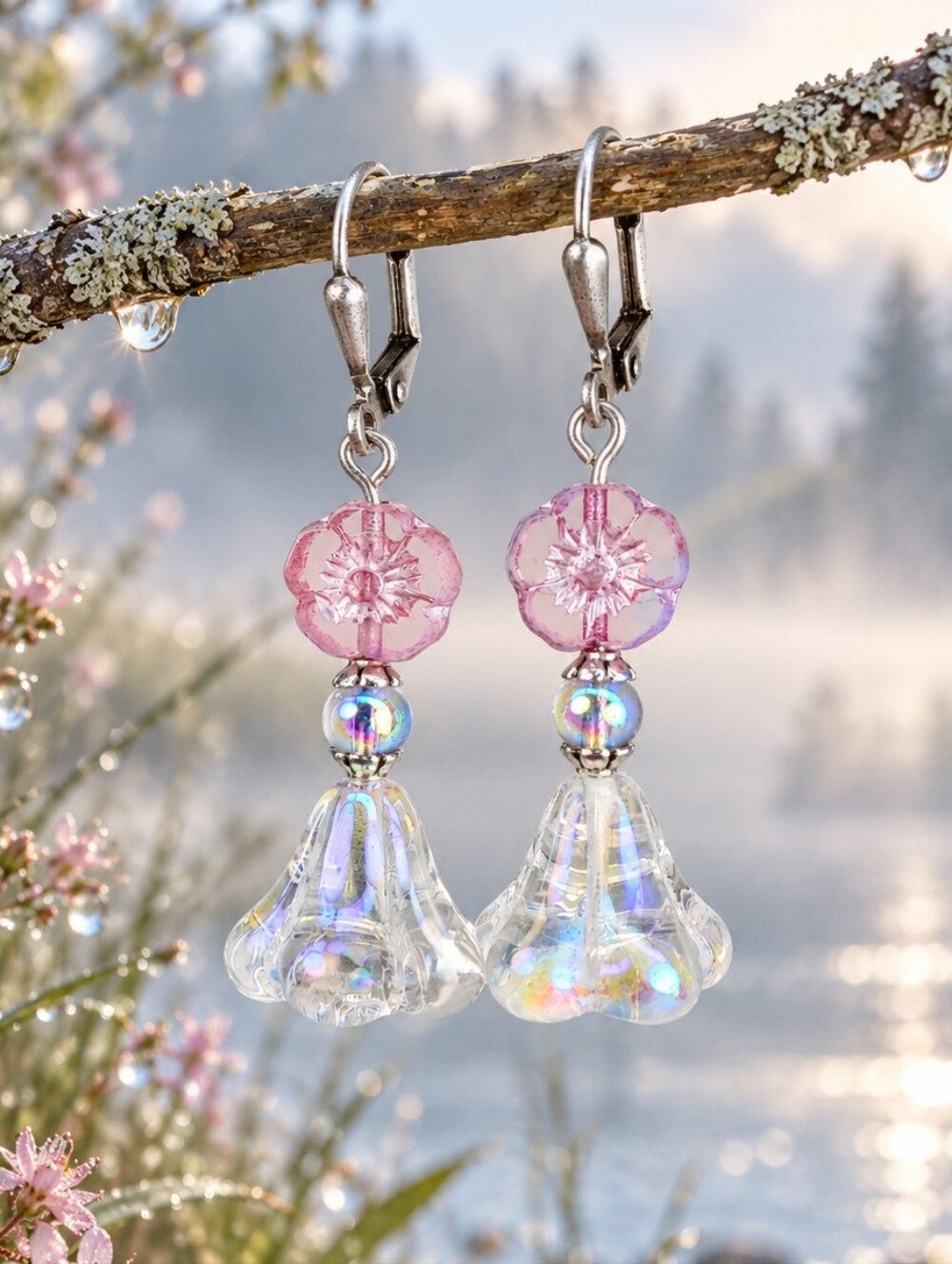 Pink Czech Glass Flower Earrings Clear AB Bellflower Silver Hand Crafted